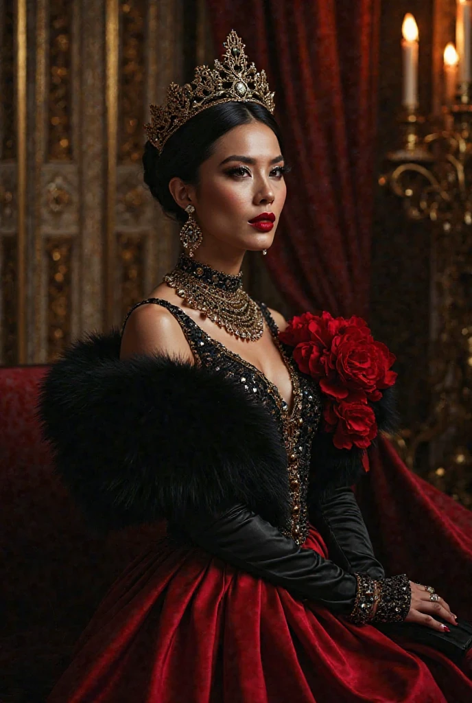 ((Masterpiece, best quality)), edgQuality,smug,smirk,
edgParure_jewelery, a woman in a tiara sitting in a chair, earrings and rubies , wearing edgParure_jewelery <lora:Parure_MINI:1>