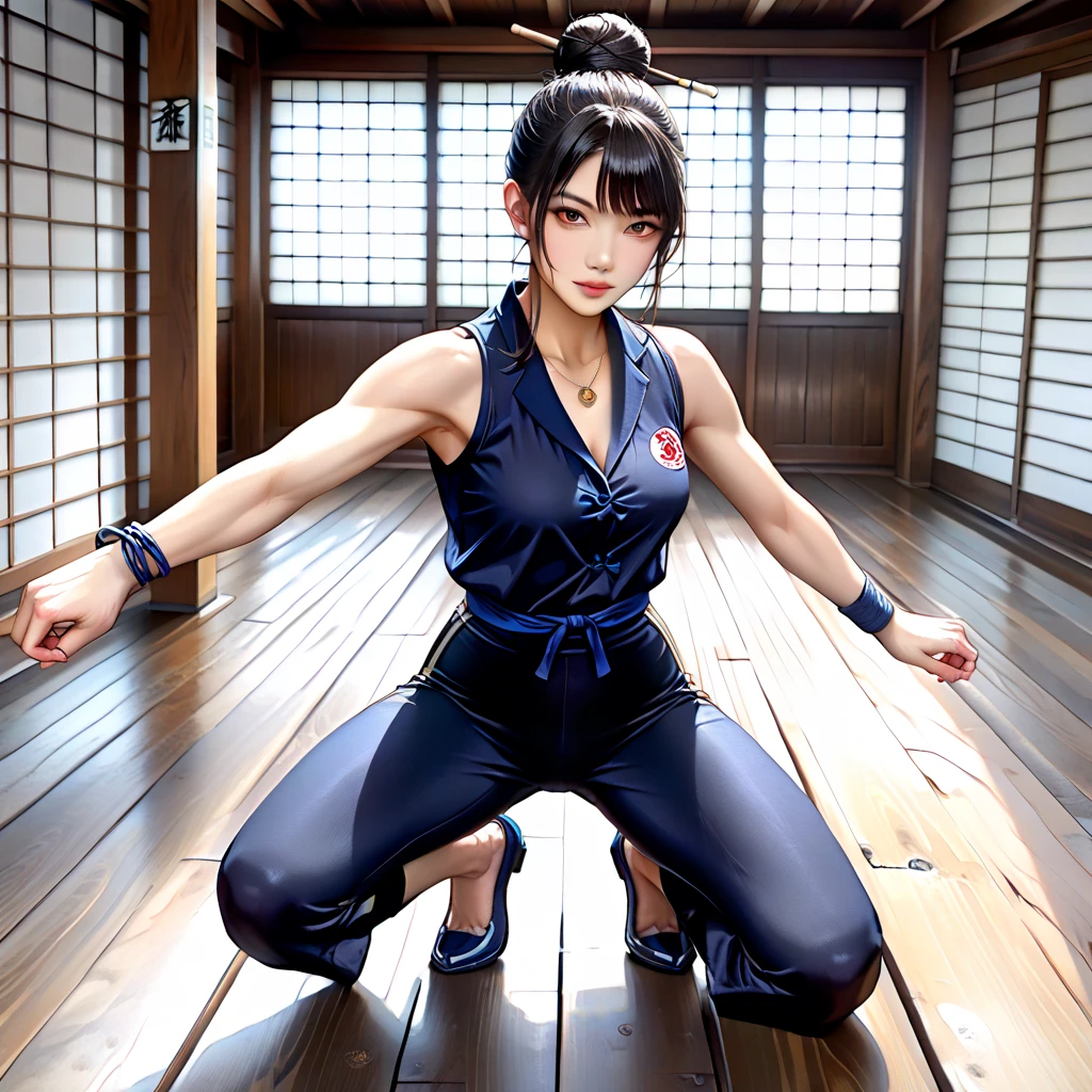 Female ninja wearing short kimono in fishnet leggings with sexy realistic bare feet and toes exposed with boob cleavage showing