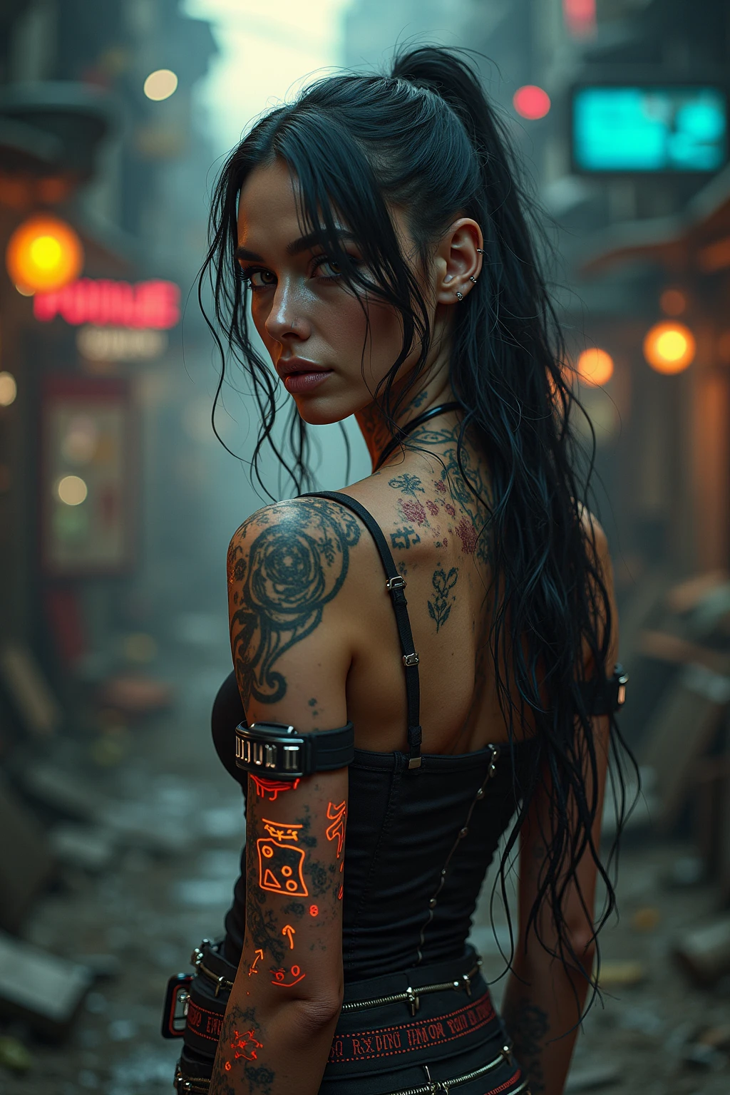 (art by Don Northrup:1.1), award winning, Complex Dark ages Emma Raducanu, Exploring new places, Pirate hairstyle, Voyeuristic Danceclub Tattoo, Masai Watch, tilt shift, Hopeless, Pre-raphaelitism, Neon Light, (Cinematic, moody lighting)  , 