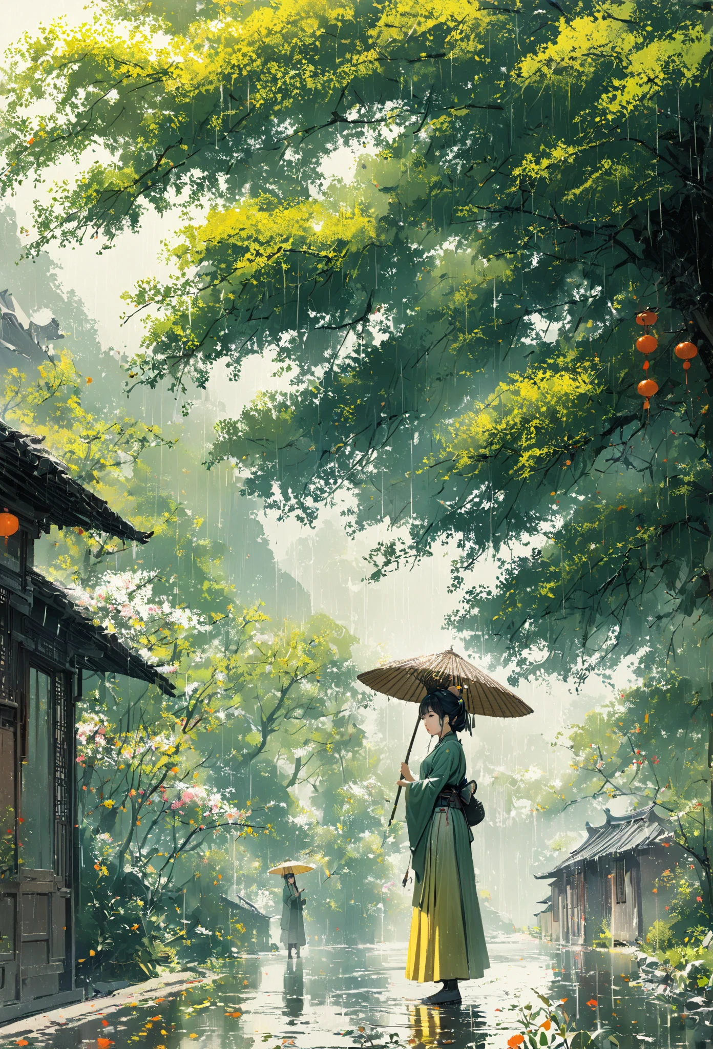 1girl, Cai GuoRUN's illustration style, Rainy Qingming season, Under a willow tree, A shepherd boy, amidst the rain, points into the distance, indicating the direction to Apricot Blossom Village, spring is full of freshness, rich details, spring scene, flat design, soft colors, vibrant tones, Chinese traditional painting elements, photorealistic, Minimal composition, High saturation and high contrast,rich light and shadow details, sharp contrast and clean lines