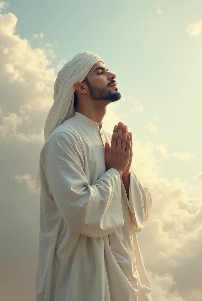 Bearded and hairy brown-skinned man standing in white underwear, with the Islamic skullcap on his head, praying looking to the sky with his hands raised to the sky.