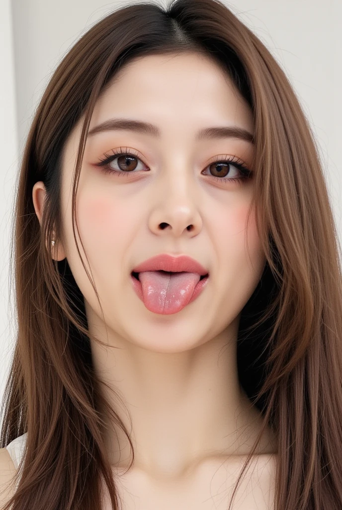 Japanese woman, beautiful girl, gal, blonde, baby face, highest quality realistic skin, eyes in focus, 20 years old, sticking out tongue, focus on mouth, open mouth, long tongue, saliva, open mouth wide, inside of mouth visible, open mouth and sticking out tongue
