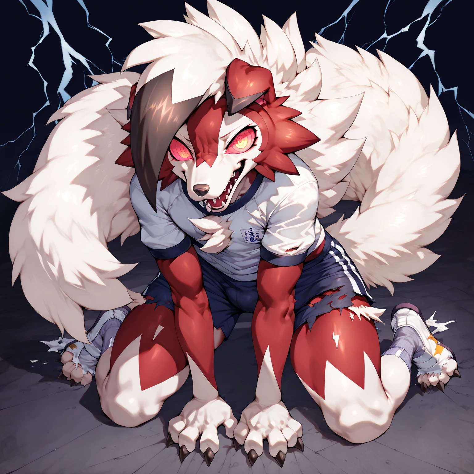 ((solo)), (anthro) wolf, shirou_ogami:1.8 (bna), adult, mature, masculine, slim:1.2, skinny:1.2, tall:1, (correct anatomy:1.2), vascular veins, (cartoon fur, detailed fur texture:1.3), topless, wearing big black collar (shirtless, boxing gloves, compression shorts), ultradetailed, (by wfa:1.2), (by takemoto_arashi, by vorusuarts, by Traver009:1, by grimfaust:1), natural lighting (boxing_ring:1.4 background), (sweat:1.4, wet:1.6), (lots of sweat flowing down) exhausted, wolf head ((open eyes, detailed):1.2), open mouth (steaming breath:1.2, drooling, dripping saliva, thick drool) tongue sticking out, (serious:1.4) expression), grumpy, sad, lying down, collapsed, defeat, macro growing size difference sit on floor giant size difference