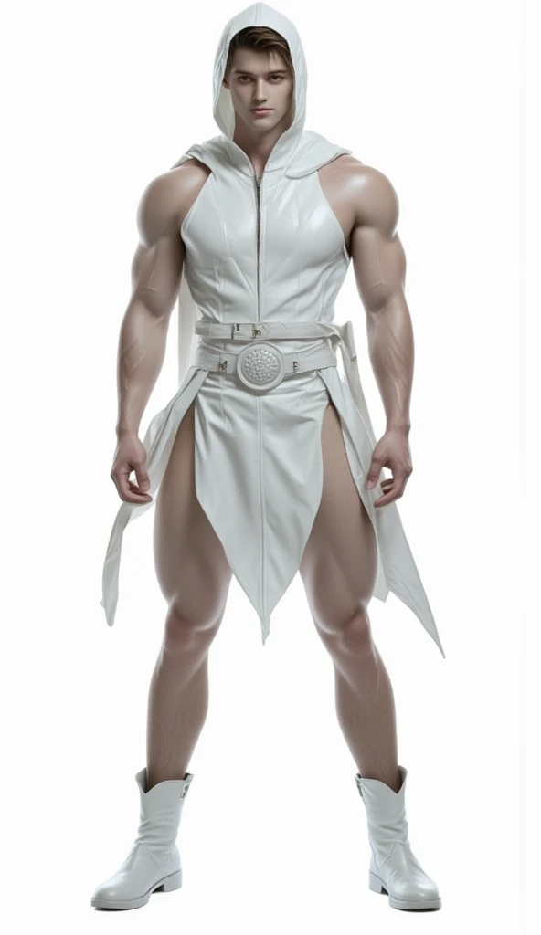 Full body photorealistic 4k, high resolution, best quality, masterpiece, perfect color, perfect shade, perfect lighting, Posted by e621, ((portrait)), ((handsome man young Superman)), perfect male figure, Short hair details,chest muscles,abdominal muscles,wearing white and silver tight fit latex spandex and gloves,Detailed face, perfect face, (stood up), Detailed background, ((Bonifasco Lighting)), (delicate eyes),),white hair