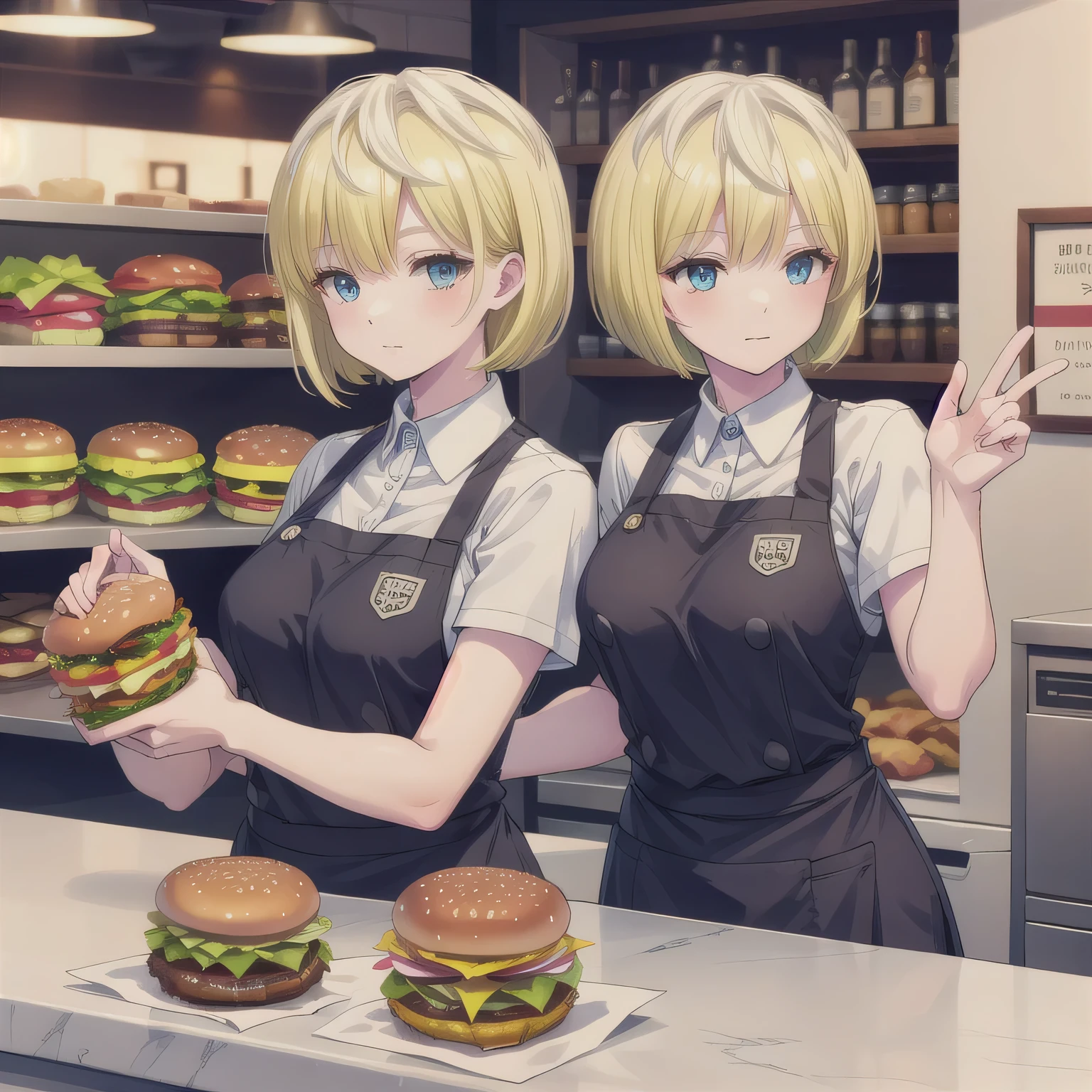 The background is a burger shop. She is working at the counter of the burger shop. She is wearing the burger shop uniform. Blonde hair, bob haircut, blue eyes.