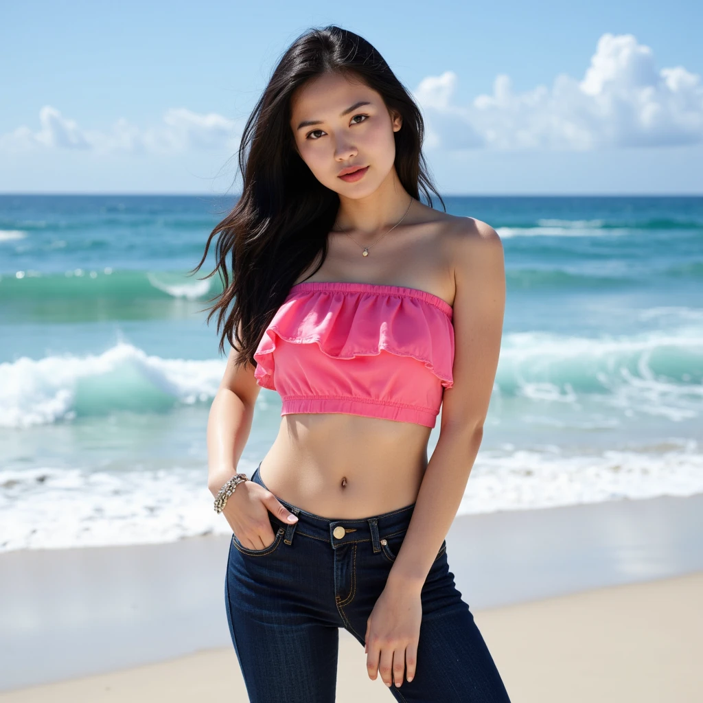 Half-length glamour portrait, nikon D850, f1.6 lens, 200mm, DSLR, 22 Megapixels, (((Costa del Sol Beach in Marbella scene))), shot of a stunning 19 years old korean girl, (smile:1.4), (wearing Dark coral linen beach shorts with tied-front tank top:1.6), ((seductive pose)), hot girl, (((big natural breasts))), (((black fringe hair))), (small girl), symmetrical face, photorealistic, photography, (bright natural lighting), gorgeous, deep cleavage, (masterpiece), best quality, high resolution, extremely detailed, cinematic lighting, (((very narrow waist))), rich colors, hyper realistic, lifelike texture, ((jewelry)), (((She has beautiful hands and wears rings))), (bracelet), (necklace), (ankle chain), (nail polish) (earrings), Fuji Superia 200, 8k