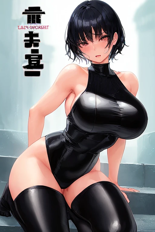 dark elf skin, Huge breasts, Maternal pose: Standing next to the pole (1.2 meters high) Put your hands behind your back, With iron collar, iron lock, Wristband, Leather collar, and shackles,Dim lights,a happy expression,Dark Magic, Dark Forest, negaive energy, hell, Blank, Star, Black Hair,A girl,M pose,squatting,squat,photo,Unreal Engine 5 Photorealistic Rendering,(Cover comic magazine:1.6),game character, Role Player, Standing on Kyoto Castle, Pretty Face, Arm tattoo,Chest tattoo,ace of spades,Belly tattoo,Body hyperreality,thick muscular,Wet,fluid dripping from body,Sweat,Underground Milk,Excellent!! Types containing bobelon, Big Case, Nourishes and brightens your body, Brown short hair,Black lace dress,put your hands on the chest,Heart-shaped,Black boots,Side back,Fisheye view
