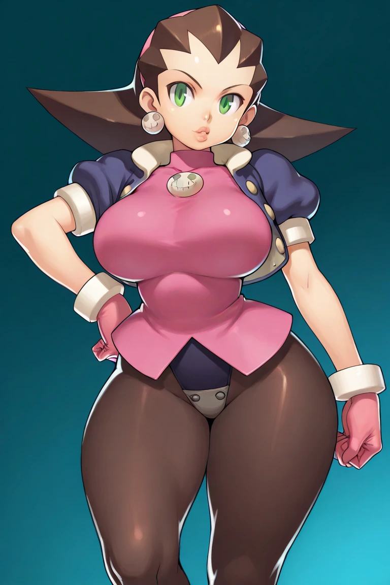zPDXL, maddie fenton, dlt, dltoon style, cartoon style, geometric, vector, 1girl, thick thighs, mom, gloves, seductive look, circular breasts, brown hair, looking at viewer, purple eyes, blue jumpsuit, ghost hunting gear, bobcut hair, thin waist, solo, huge ass, massive hips, buttocks facing viewer, butch hartman style, flat colors, no shadows, large eyes, small iris, small mouth, black pupils, danny phantom art style