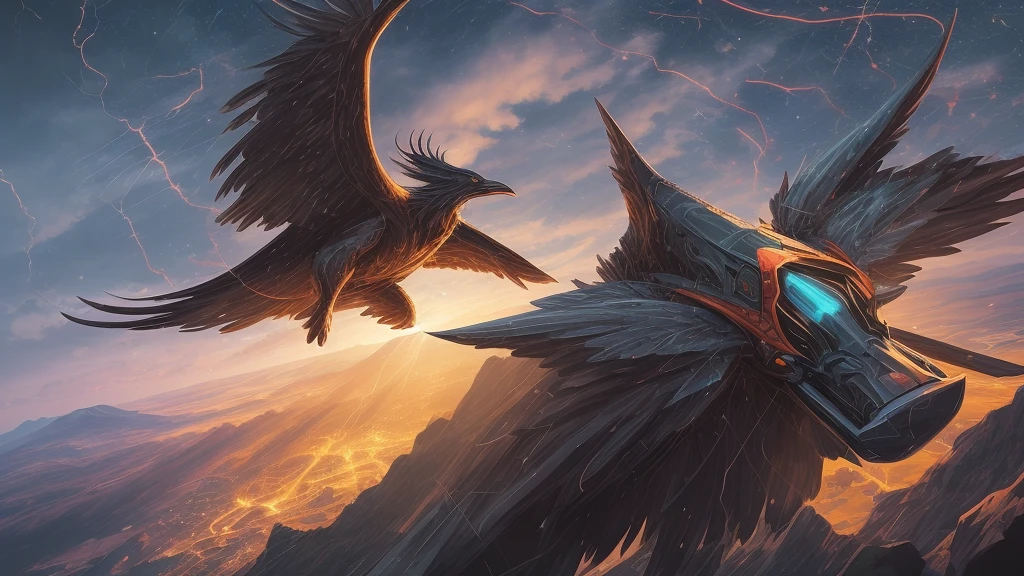 tron wings in front sunset, cliffside ocean scene, backlit, diffuse lighting, hyper realistic, elegant, intricate, hyper detailed, smooth, sharp focus, concept art, illustration, trending on artstation, art by artem demura, greg rutkowski, james gurney, and alphonse mucha