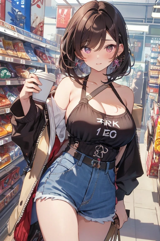 (masterpiece, Best Quality, ultra-detailed, high resolution, extremely detailed CG, official art, Professional Lighting, Perfect Anatomy, anime colors), (from below), looking at viewer, cowboy shot, perfect body, 24yo beautiful 1girl, medium hips, glamorous body,a small face,beautiful-makeup,Makeup light,Shortcut Hair,dark brown hair、Bust b Cup, Amazing Cleavage, thin waist, big ass, Raised sexy, big breast: 1.2 posed cleavage:1.2, (off shoulders,Sportsbra,legginullnude), micro denim shorts, bare legs, nail_polish, pale skin, Waiting friend, (morning:1.5), tokyo, (convenience store:1.3), outdoor, (depth of field:1.3), contrapposto, (Hold a coffee in your hand:1.3),delicate beautiful face, Bright magenta eyes, cute eyes, sparkling eyes, Big eyes, (big breasts:1.3), (perky chest:1.1), (pointed chest:1.3), looking at viewer,
