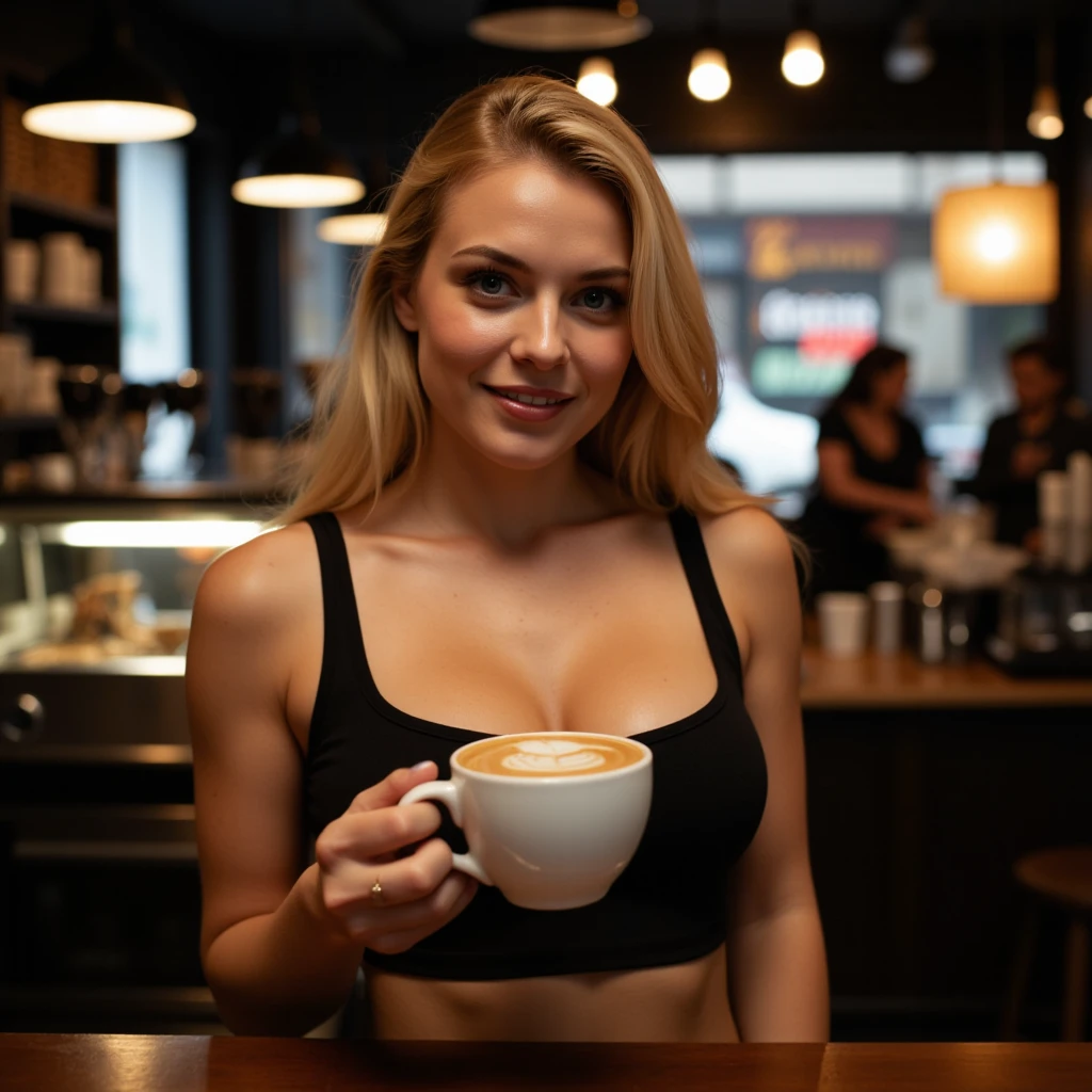 Best quality, masterpiece, ultra high res, barista, in a coffe shop, (photorealistic:1.4), coffee shop, a beautiful woman, Starbucks,(( wearing nothing )), cleavage, elegance pose, visible cameltoe, big breast pink nipple small, pubic hair, curvy waist, slender abs, shiny white skin, smooth hair, seductive smile, bokeh, bottom view, open legs, focus on the pants