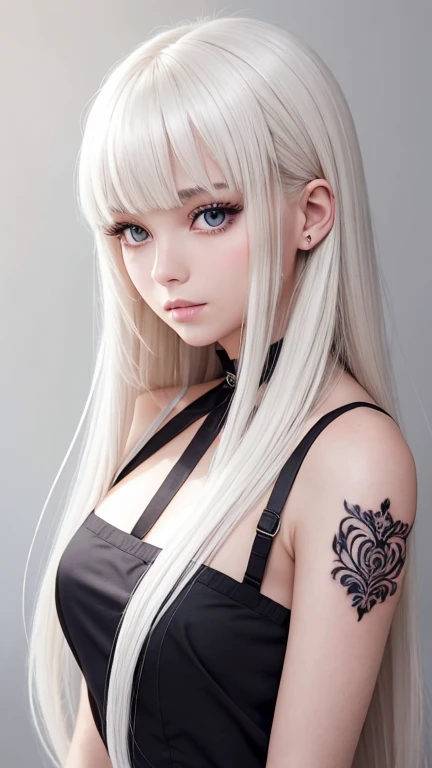young girl, Long white hair, cat ears, Purple eye, Naked, , smirk, tattoo, Masterpiece, hiquality