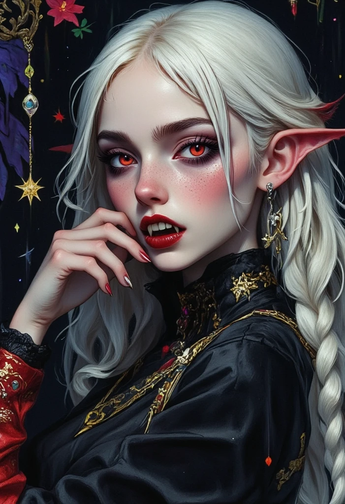 fantasy art, dnd art, RPG art, wide shot a picture of a massive shield (masterpiece, best quality, best details: 1.5) hanging on the wall, the shield has an artful image of  a beautiful female vampire elf, blood dripping, vampiric fangs, with a long curvy hair, light color hair, blue eyes, high details, best quality, 16k, [ultra detailed], masterpiece, best quality, (extremely detailed), close up, photorealistic, RAW, fantasy art, dnd art, fantasy art, realistic art,