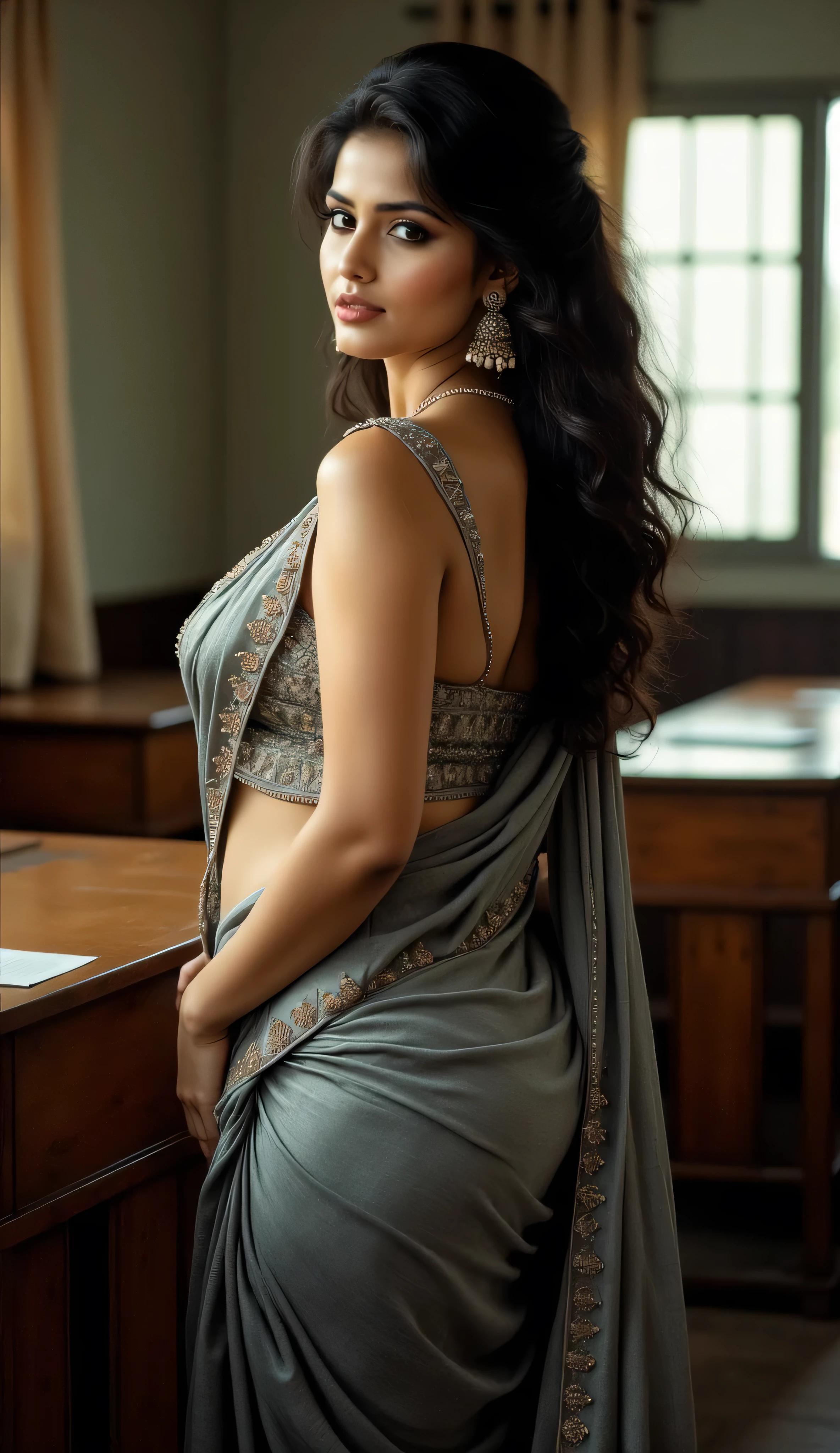 Front view,Full body image, indian hourglass body, Indian medium plus sized 29 year old Telugu teacher syamala, mouth slightly open, very huge breasts, wearing highly embroideried gray colour glossy fully transparent chiffon deep neck blouse and gray colour glossy linen body fit designer saree wearing , eyes partially closed,, standing in a class room, romantic movie stills photography, movie stills, movie photo, hd movie photo, movie still promotion, film movie still, still from movie, dynamic movie still, still from a movie, movie still 8 k, movie film still, still from the movie, cinematic movie still, promotional movie still, full body image, side view