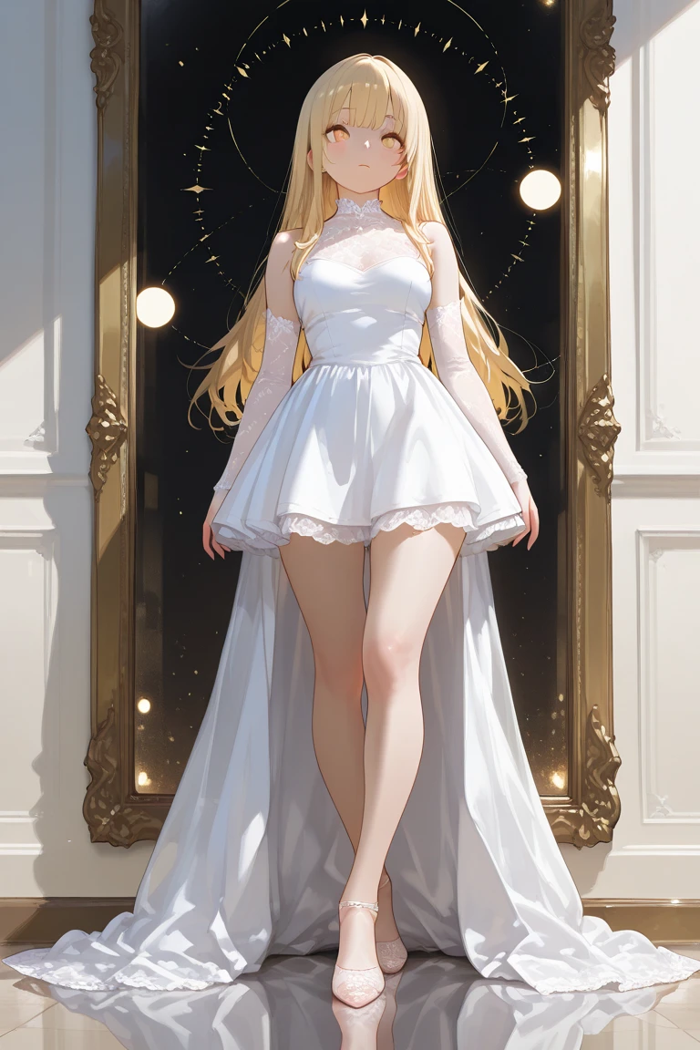 (work of art), (masterpiece), (best quality), a blonde girl, (blue eyes), wearing nothing, brightly lit night city background, red bow, butterflies in golden circle, flowing hair , but g , full figure head to toes , standing beside poles