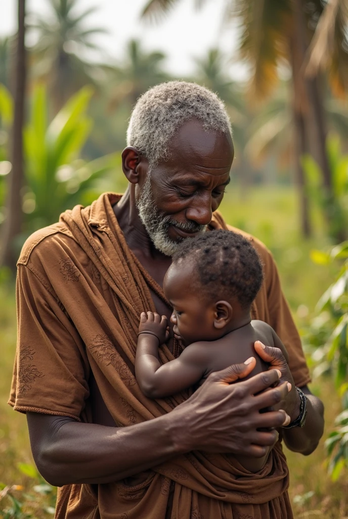 Please paint a picture of an African gentleman ,as a baby, in adulthood and in old age, le tout en une seule image