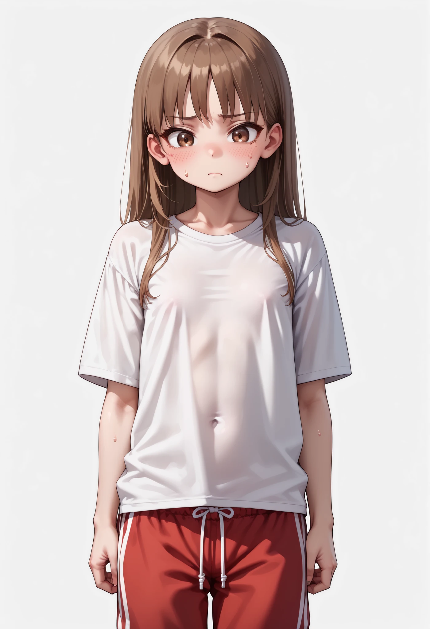 source_anime ,score_9, score_8_ up, score_7, ((White background)) ((Russian woman)) ((1girl)) (solo girl) ,30 years old, rathing_questionable (White oversized t-shirt:1.4) (Red sweatpants:1.2), brown eyes , (brown Long hair) , straight hair , ((small breasts)) , weak , unhealthy , (((very thin:1 . 4))) (Flat chest:1.4) gaunt ((no confidence))
