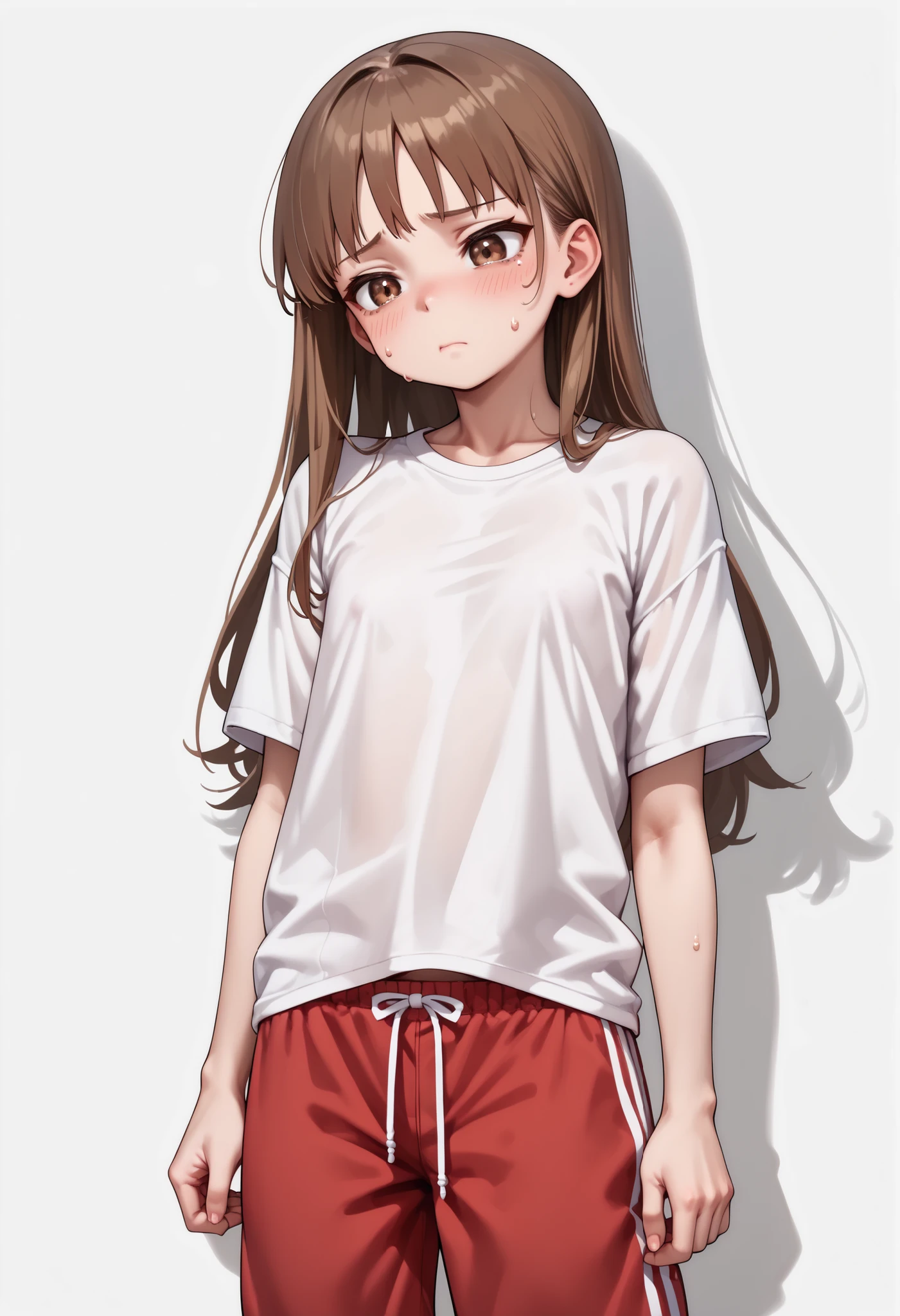 source_anime ,score_9, score_8_ up, score_7, ((White background)) ((Russian woman)) ((1girl)) (solo girl) ,30 years old, rathing_questionable (White oversized t-shirt:1.4) (Red sweatpants:1.2), brown eyes , (brown Long hair) , straight hair , ((small breasts)) , weak , unhealthy , (((very thin:1 . 4))) (Flat chest:1.4) gaunt ((no confidence))