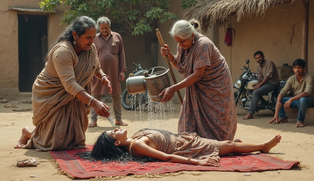 Prompt:

A highly realistic South Asian village scene. A young woman with long black hair is lying face down on a worn red rug placed on dusty ground in a rural courtyard. Her body is in a collapsed, exhausted state. She is wearing a half-loose, torn floral kurta, exposing parts of her back and legs. Her arms are spread out and one leg slightly bent, indicating helplessness. Her face is turned to the side, partially visible with wet hair clinging to her cheeks.

Two middle-aged village women in traditional, faded shalwar kameez are holding her arms and legs firmly, preventing her from moving. One older woman, possibly in her 60s, with wrinkled skin and white hair tied in a loose bun, is pouring a large steel pot of water over the girl's head. The water is splashing and running across the rug and her body, indicating some ritual or forceful act.

In the background, a man in his 50s, wearing a brown kurta and holding a thick wooden stick, is standing with an angry and serious expression, slightly leaning forward as if ready to intervene. Another young man, wearing jeans and a casual shirt, stands near an old motorcycle, watching silently. A third man is sitting cross-legged on the ground, back resting against a mud wall of a house, observing the scene with a blank stare.

The surroundings include dusty ground, mud-brick houses with faded walls, a thatched roof partially visible, and a dry tree casting long shadows. The lighting is natural daylight, but the mood is intense, emotional, and tense. The entire environment reflects rural hardship, cultural depth, and raw human emotion.