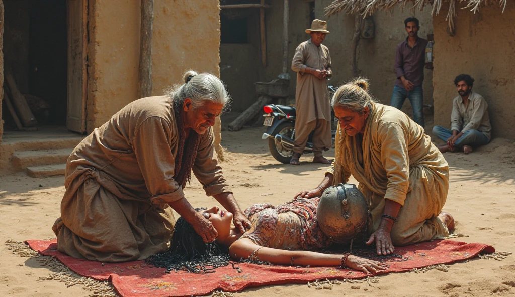 Prompt:

A highly realistic South Asian village scene. A young woman with long black hair is lying face down on a worn red rug placed on dusty ground in a rural courtyard. Her body is in a collapsed, exhausted state. She is wearing a half-loose, torn floral kurta, exposing parts of her back and legs. Her arms are spread out and one leg slightly bent, indicating helplessness. Her face is turned to the side, partially visible with wet hair clinging to her cheeks.

Two middle-aged village women in traditional, faded shalwar kameez are holding her arms and legs firmly, preventing her from moving. One older woman, possibly in her 60s, with wrinkled skin and white hair tied in a loose bun, is pouring a large steel pot of water over the girl's head. The water is splashing and running across the rug and her body, indicating some ritual or forceful act.

In the background, a man in his 50s, wearing a brown kurta and holding a thick wooden stick, is standing with an angry and serious expression, slightly leaning forward as if ready to intervene. Another young man, wearing jeans and a casual shirt, stands near an old motorcycle, watching silently. A third man is sitting cross-legged on the ground, back resting against a mud wall of a house, observing the scene with a blank stare.

The surroundings include dusty ground, mud-brick houses with faded walls, a thatched roof partially visible, and a dry tree casting long shadows. The lighting is natural daylight, but the mood is intense, emotional, and tense. The entire environment reflects rural hardship, cultural depth, and raw human emotion.