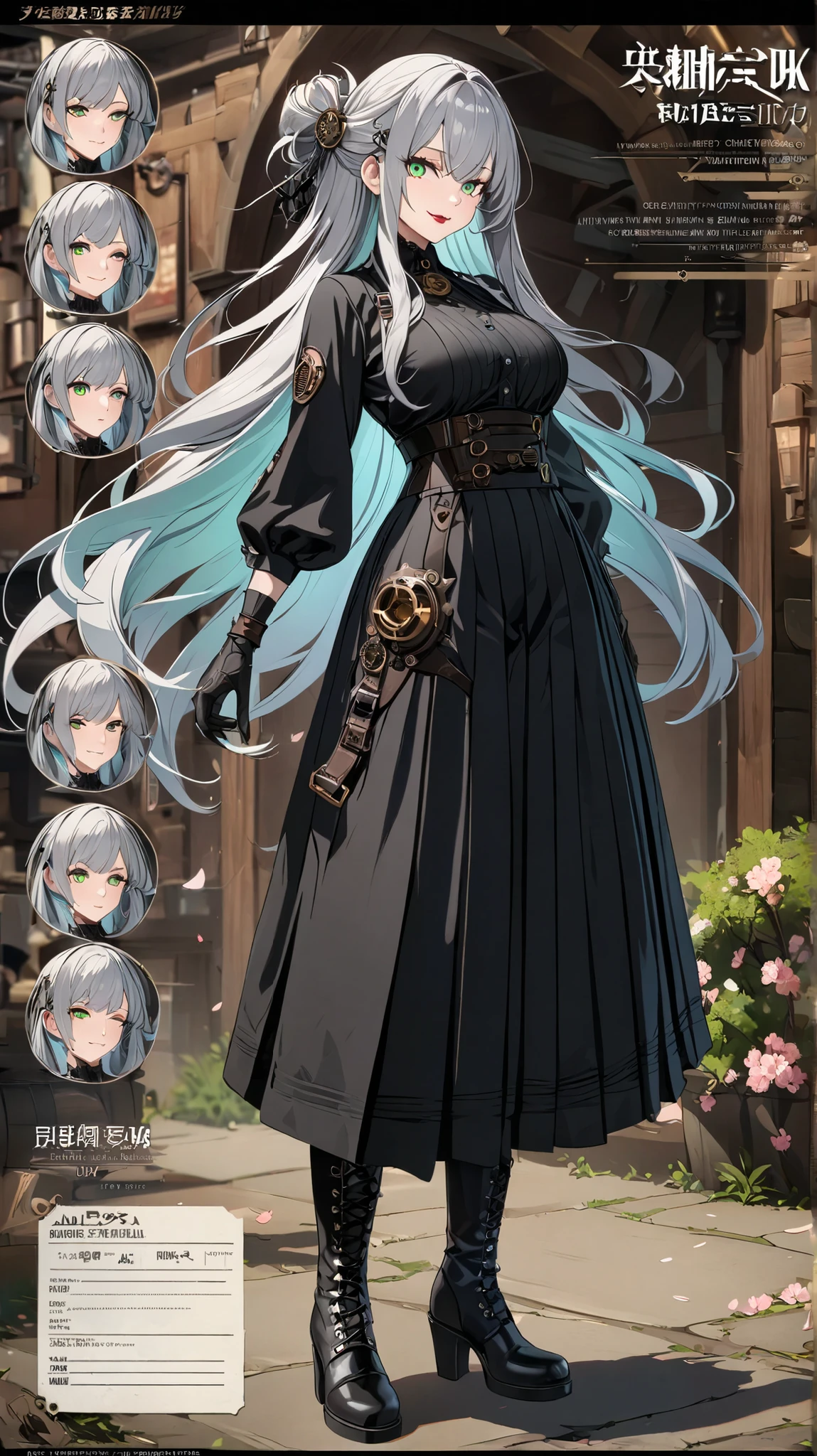 (((Best Quality, 8k, masterpiece: 1.3)), ((Best Quality)), ((masterpiece)), ( details), perfect face, long gray hair,She's Looking At Me, smile, Ruffled hakama,high resolution, textured skin, ANIME STYLE, shiny hair from the side, long hair,  Cherry Blossom Hairpin ,Light green eyes,are facing the front,full body,boots,character sheet,tall,lipstick,Mature Woman,gothic,steampunk,