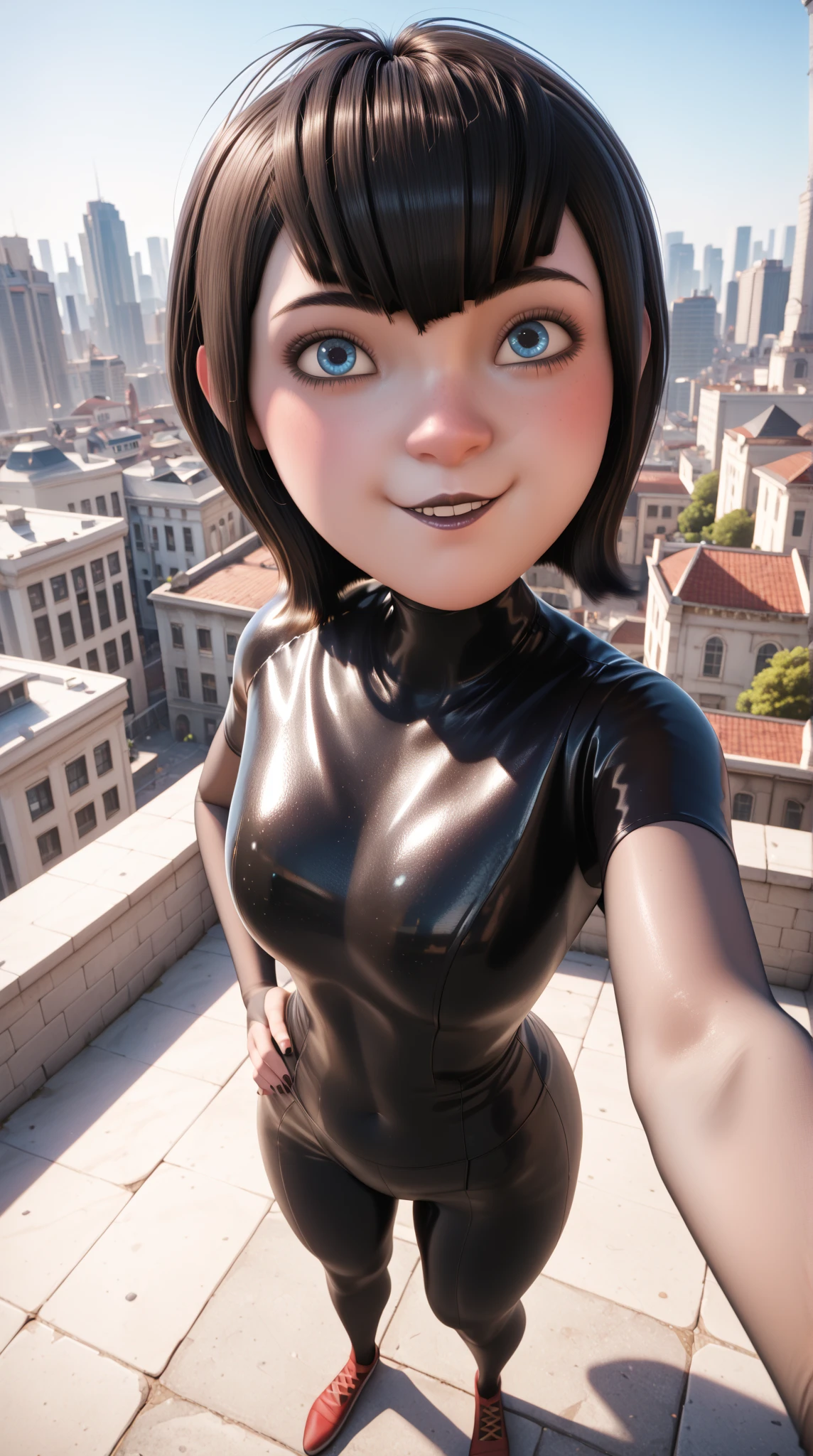 (((solo,1woman, mature, alone))), ladybug, ((black hair, long hair, ponytails hair, bangs, glowing blue eyes, wide eyes, makeup, narrow waist, skinny, medium breasts,red and black mask)), pelvic curtain, ((black panties, black bra)), full body, perfect body, (insanely detailed, beautiful detailed face, masterpiece, best quality), (extremely detailed 8k paper CG wall unit: 1.1), (rooftop, dusk), (smile face for the viewer), cameltoe view,
