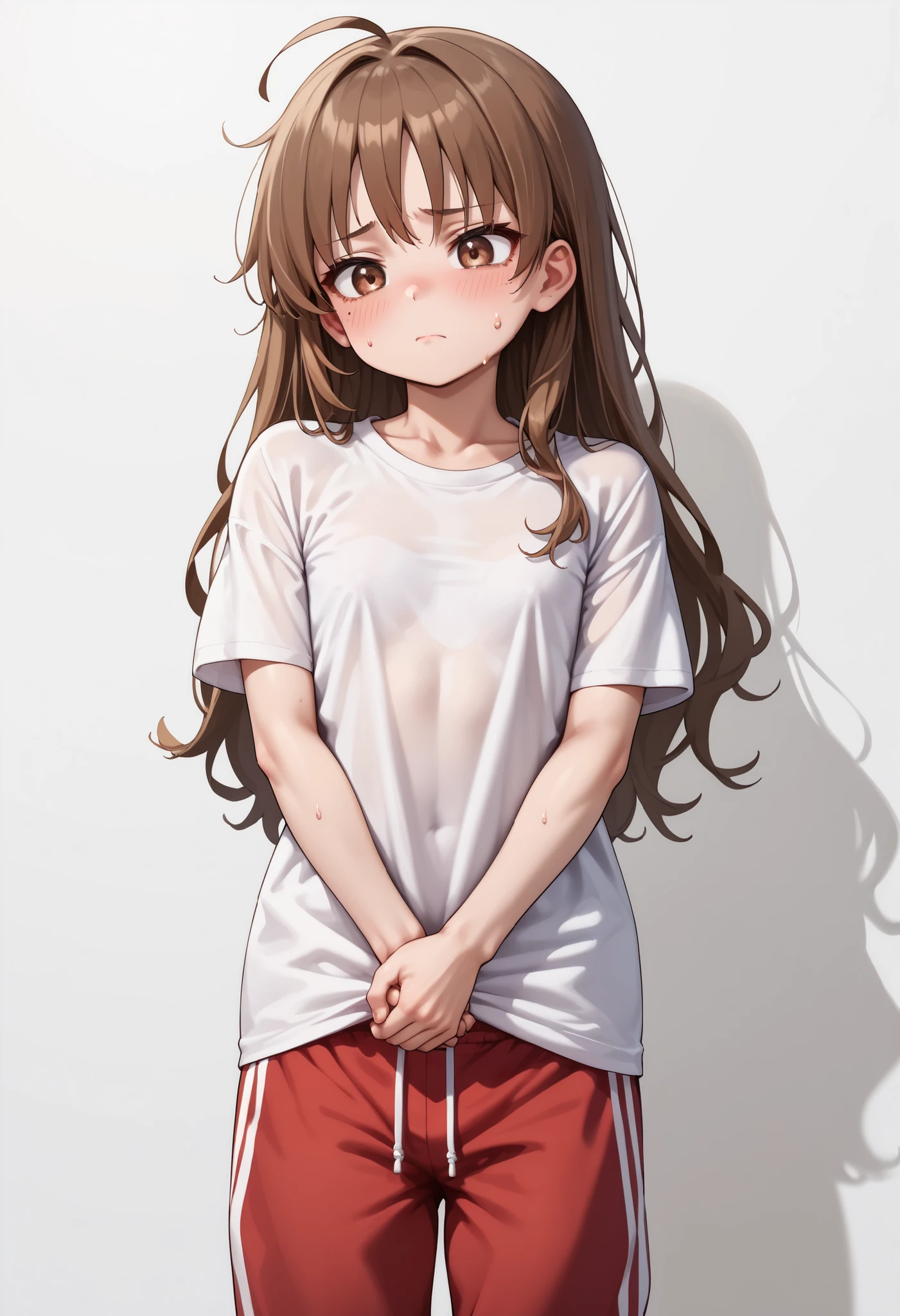 source_anime ,score_9, score_8_ up, score_7, ((White background)) ((Russian woman)) ((1girl)) (solo girl) ,30 years old, rathing_questionable (White oversized t-shirt:1.4) (Red sweatpants:1.2), brown eyes , (brown Long hair) , straight hair , ((small breasts)) , weak , unhealthy , (((very thin:1 . 4))) (Flat chest:1.4) gaunt ((no confidence)) Holding your own hands