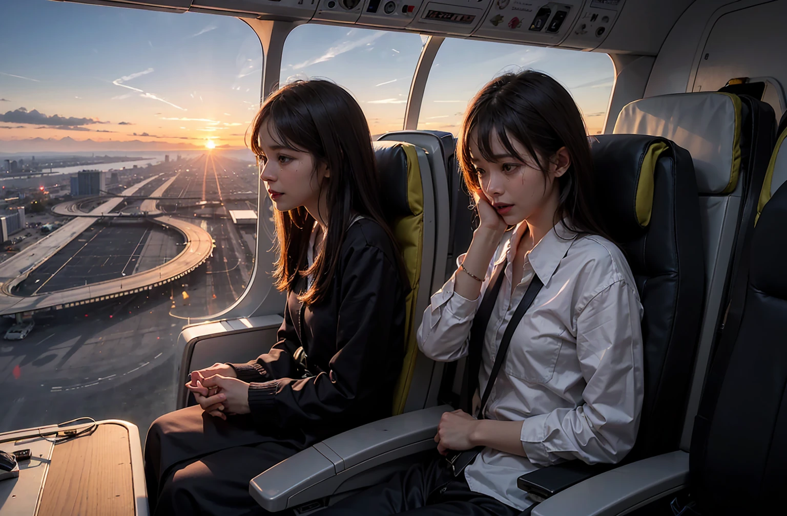 Machado de Assis, Assis 27 years old, is inside a luxury plane, next to a beautiful 25 year old girl, brownhair. Machado is scared looking at the cell phone in his hands. They are sitting in comfortable armchairs. image ultra realistic