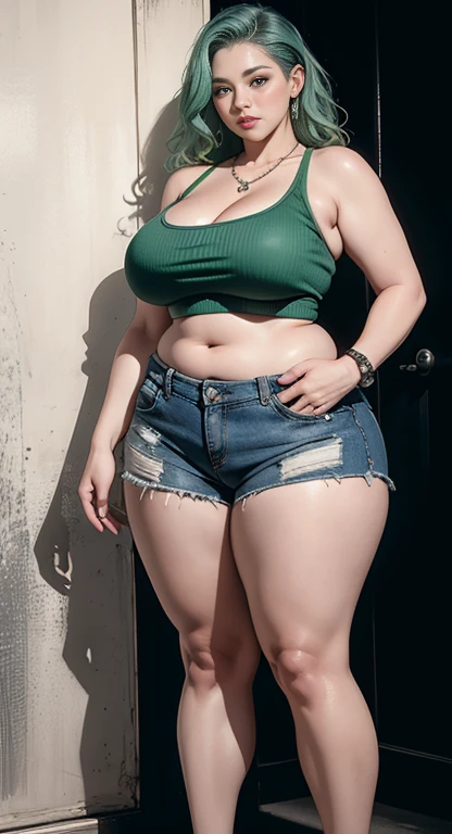 photorealistic, high resolution, soft light,1women, solo, wide hips, (detailed face),tattoo, jewelry, , , blue and green hair Color , (closeup), wide angle,, (busty), armpit , Slightly fat belly, large breasts, full body angle, 80 years old woman , thick thighs , thick arms , standing in dark rooms, short pants, wearing a three bracelet, wearing two diamond necklace , wearing a watch, wearing airmax shoes , japanese goddess, wavyshort hairstyle, fat belly, thick fat belly, thick wide hips, thick arm, bbwchan, massive arm, full body,