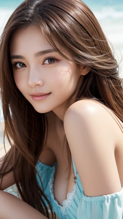 a closeup, masterpiece, top-quality, Raw foto, Photorealsitic, beautiful a girl, cute little, longwavy hair, half up、depth of fields, hight resolution, ultra-detailliert, finely detail, ighly detailed, extremely detailed eye and face, Sharp pupils, Realistic pupils, foco nítido, Cinematic lighting、Sexy Bikini、the beach、Smile embarrassedly