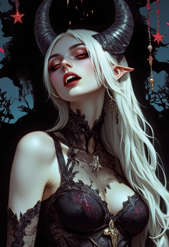 (Dark elf witch), the face of zendaya:Dua lipa, pointy ears, grey skin, white hair, (hi top haircut), braid in one side of the head, masterpiece, dark forest in the background, fog, in the night, full moon ligth, 8k, detailed digital art.