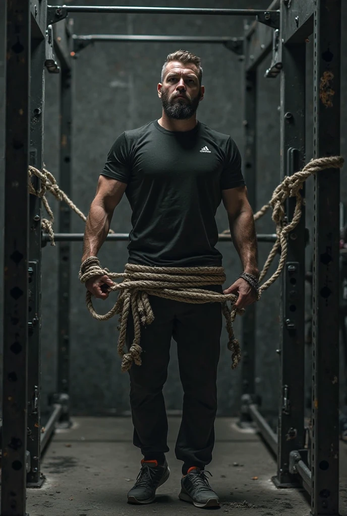 Man age 38, height 6ft 1inches, weight 300 pounds, broad shoulders, long shorts, power lifter, brown and gray hair, trimmed beard, blue eyes, praying on a gym weightlifting bench
