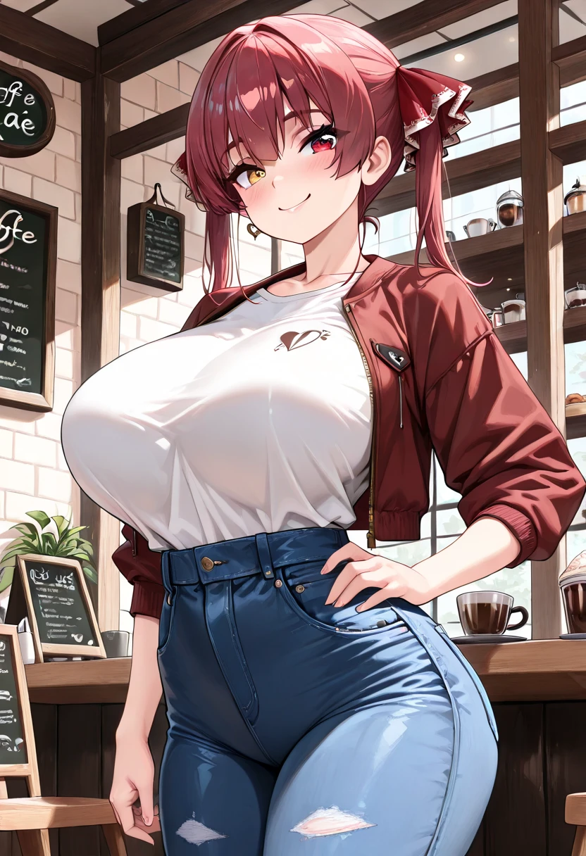 1girl, masterpiece, red hair, asian, blunt bangs, long hair, ponytail, huge breasts, white shirt, apron, pants, necklaces, waitress, shop, thick thighs, light smile, pink eyes, bookbag, hair ribbon, old lady,