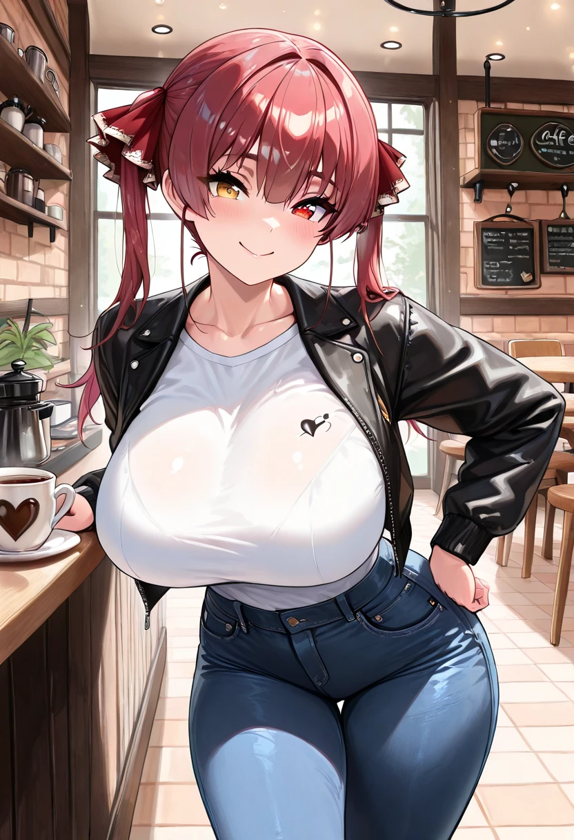 <lora:zheng_style:1>zheng style, black shorts, open mouth, short shorts, smile, cup, blush,  covered nipples, huge breasts,  thighs, red hair, tank top, yellow eyes, midriff, cleavage, dolphin shorts, indoors, side ponytail, long hair, navel, large breasts, solo, shorts, 1girl