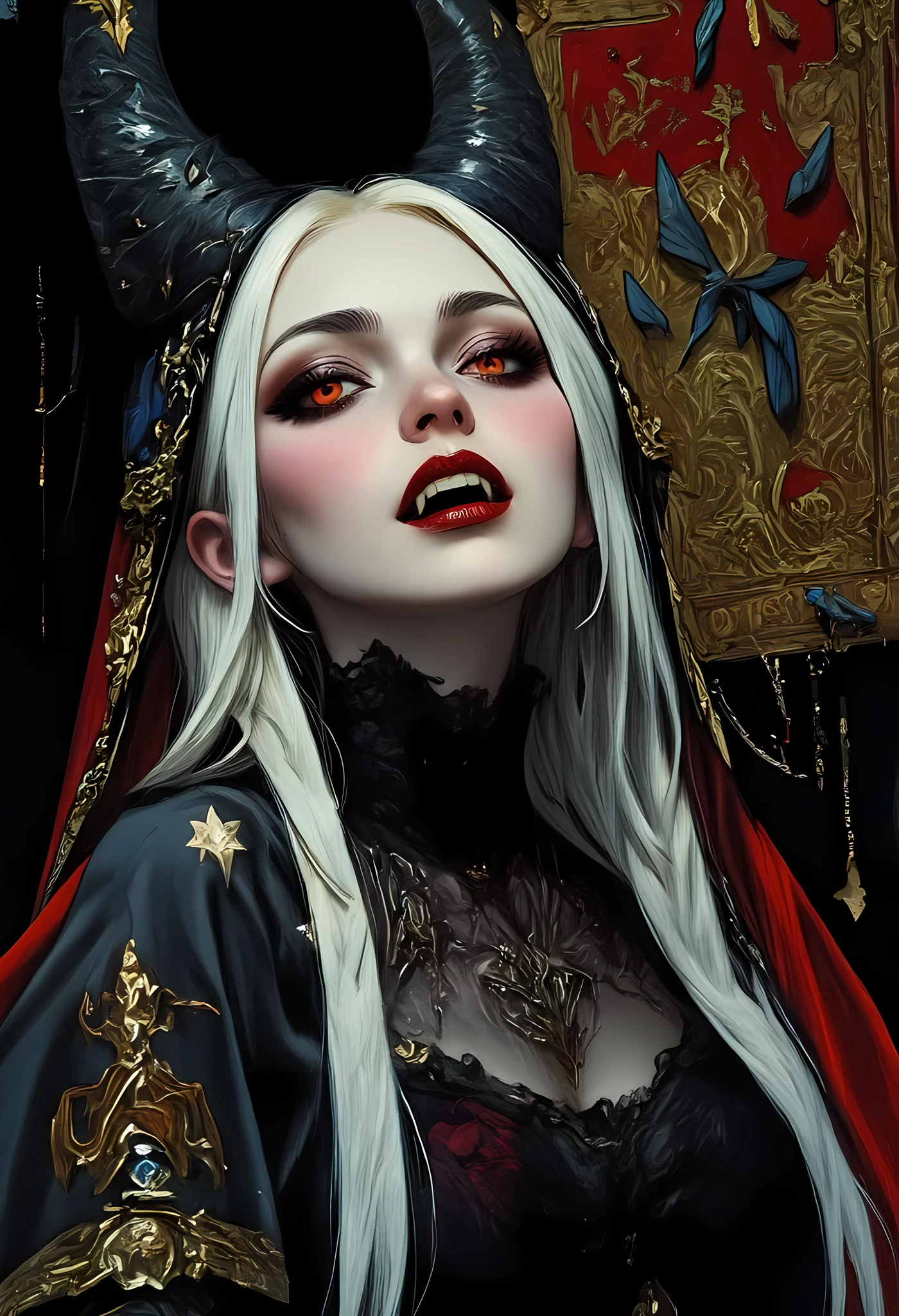 a full body picture of an epic beautiful female vampire, ghostly beauty,  wearing transluminescent dress, black silk dress, intricate dress, transluminescent dress, transparent dress, red sleeves, epic beautiful female vampire, pale skin perfect body,  ghostly beauty, serene beauty, blond hair,  lush hair, long hair, red glowing eyes, vampire fangs, stars entwined in the woman's hair, light caress the woman, moon light caress the dress, fantasy art, night time, the moon rises, creating award winning, photorealism, depth of field, hyper realistic,  zavy-ctcmcs, Celestial Fantasy, dnddarkestfantasy, Art Deco, Dracula
