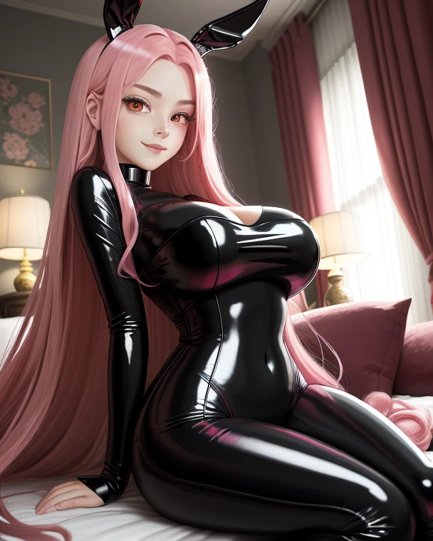 (8K, top-quality, masterpiece:1.2), (super detail), (one girl), (highly detailed), (beautifully detailed eyes), (of the highest quality), (super detailed), (masterpiece), (detailed face), (20yr old), (1 girl), (pink hair, long hair), (medium breasts), (clothed), (perfect lighting), BREAK, (upper body to knees), (wavy pink long hair), (relaxed smile), (sitting pose, one knee hugged), (soft bedroom background), (soft lighting, natural light from window), BREAK, (pink glossy catsuit:1.5), (futuristic:1.2), (active silhouette:1.3), (glossy stretch fabric:1.4), (mesh bodysuit:1.3), (decorative cutouts:1.2), (sapphire blue belt:1.4), (high-heeled boots:1.3), (geometric earrings:1.2), (armband:1.2), BREAK
