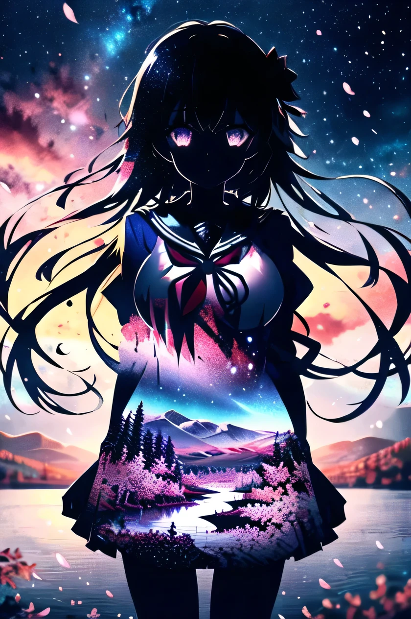 masterpiece, best quality, hoshinoai, purple eyes, (silhouette:1.3), big breasts, star (sky), dress , A split-image showing the same black-haired student in her sailor uniform throughout four seasons: under cherry blossoms in spring, by a shimmering lake in summer, surrounded by red maple leaves in autumn, and with snowflakes falling around her in winter. Her expression and posture subtly change to reflect each season's mood. Detailed background landscapes with weather effects and appropriate lighting for each season.