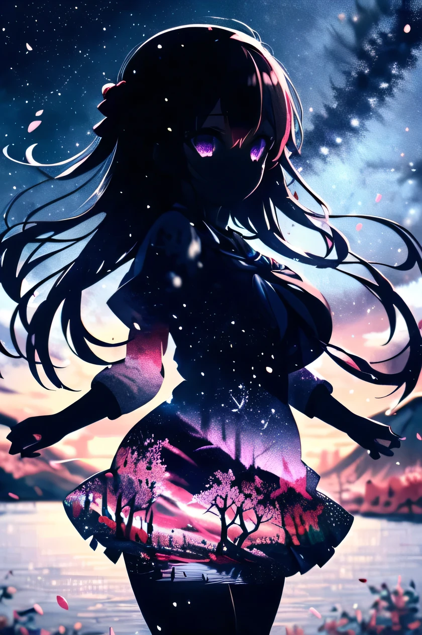 masterpiece, best quality, hoshinoai, purple eyes, (silhouette:1.3), big breasts, star (sky), dress , A split-image showing the same black-haired student in her sailor uniform throughout four seasons: under cherry blossoms in spring, by a shimmering lake in summer, surrounded by red maple leaves in autumn, and with snowflakes falling around her in winter. Her expression and posture subtly change to reflect each season's mood. Detailed background landscapes with weather effects and appropriate lighting for each season.