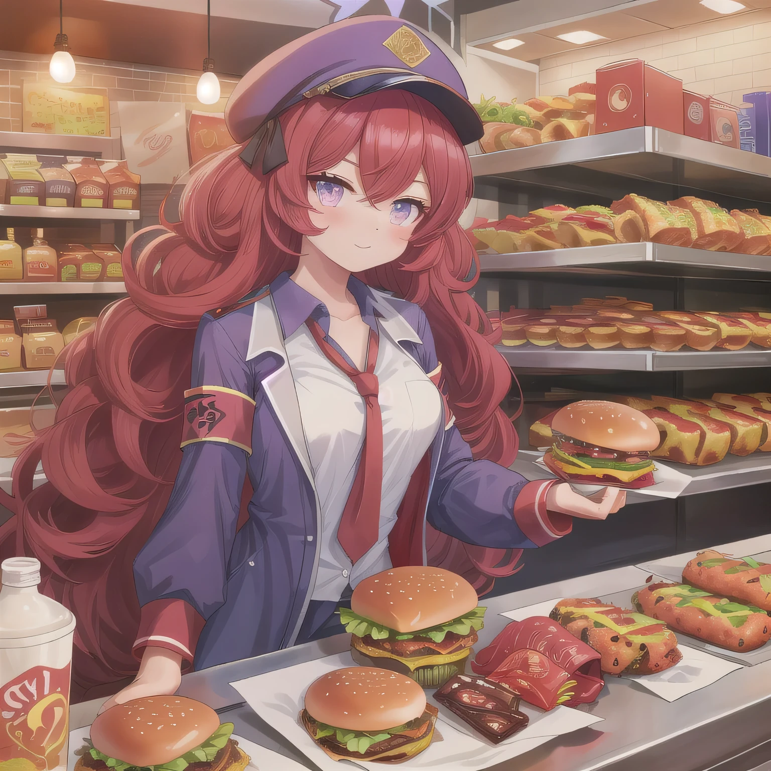 The background is a burger shop. She is working at the counter of the burger shop. She is wearing the burger shop uniform. Long hair, red hair, purple eyes.