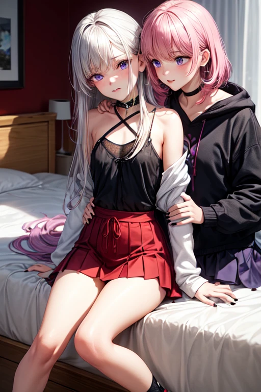Anime image of two girls sitting back to back on the bed, Edge anime style, two beautiful anime girl, anime girl, realistic schoolgirl, Smooth anime CG art, Edge style, Edge, Surrealism , Attractive anime girl, Soft anime illustration, Visual novel cg, From Girl Front, digital data link layer, Girl hug