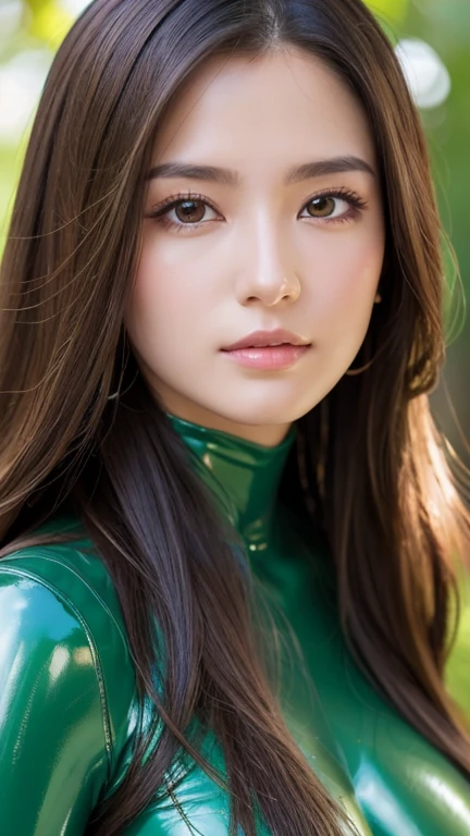 Rubber texture green leather blazer suit、Shiny black green bra、Cleavage、(Large Breasts:1.4)、Japanese、Gravure idol、Cute 18 year old girl,Black hair in a ponytail, masterpiece, 最high quality, 超high quality, high quality, High resolution, 超High resolution, Absurd, 4K, 8k, 16K, Very detailed, Realistic, photo Realistic, RAWphotograph, photograph, Super Fine Illustration,Beautiful Face、Realistic Face、(Ultra detailed hair)、(Ultra-detailed eyes)、Beautiful details、Realistic Skin、Perfect Anatomy、(Detailed skin)、Beautiful Skin、Charm、Ultra high definition、Ultra-realistic、Correct Anatomy, Perfect proportions