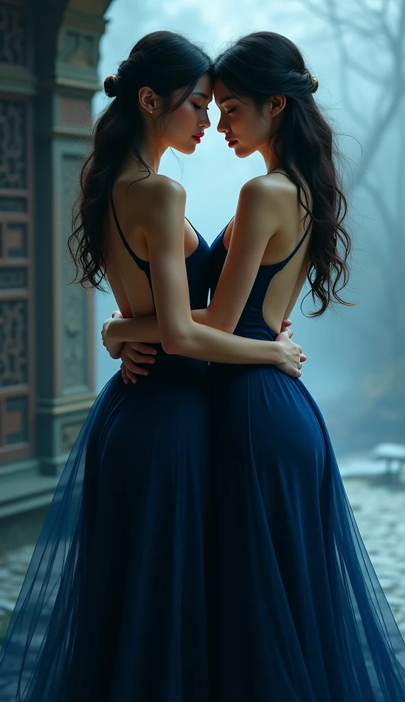two girl kissing, see her ass,(bright lighting,romantic setting),dreamy background,bondage,dark hair, mesmerizing gaze, , soft skin, alluring beauty, artistic portrait, high-quality image, vibrant colors,translucent silk wedding dress, mosquito net,