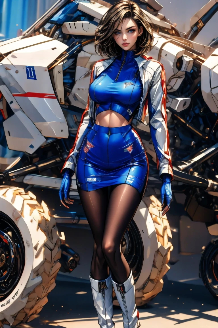 Highest image quality, Outstanding details, Ultra-high resolution, (realism: 1.4), Best example, Favor the details, Highly concentrated 1girl, Handsome face, Dressed in blue mechs, Wearing a mecha helmet, Holding the directional controller, Ride a flying machine, The background is a high-tech light scene of a futuristic city.