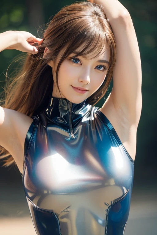 Beautiful and fair、Radiant Skin, 3 Up, Gorgeous, bright, Refreshing and gentle expression, Perfect beautiful face、Beautiful shiny bangs, A very beautiful 17 year old girl, Eyeliner, Very perfect and beautiful lovely big clear sky blue eyes,Very large breasts,Grooves reveal original skin,Muscular body,Silver glasses,White Hero Bodysuit