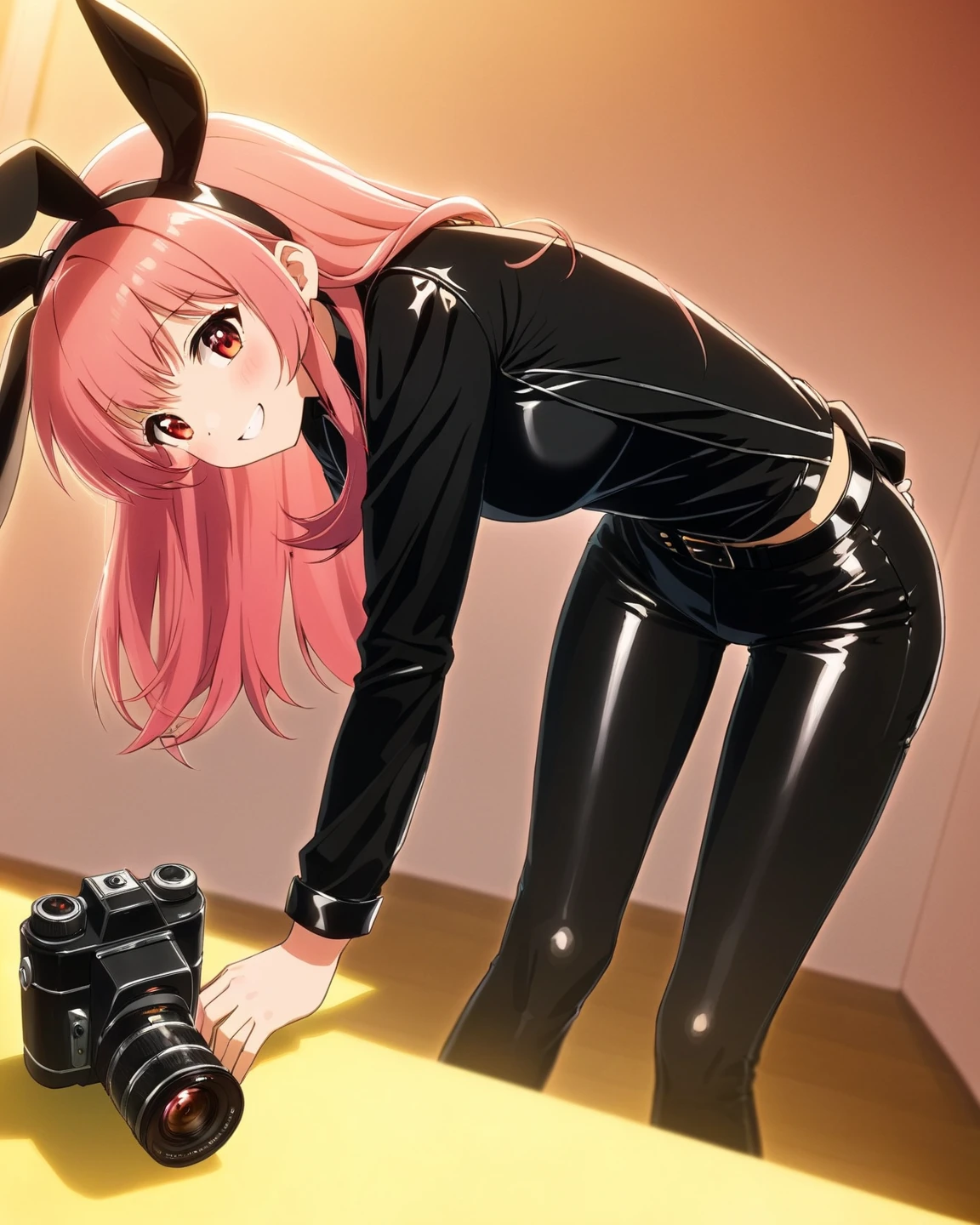 Lying down on her tummy, girl, skirt up, black skirt, long hair, no panties, flushed buttocks, brown hair, headphones, red hoodie, black socks, green eyes, hard palm marks, punishment, crying, time-out, front and behind pov, red buttocks