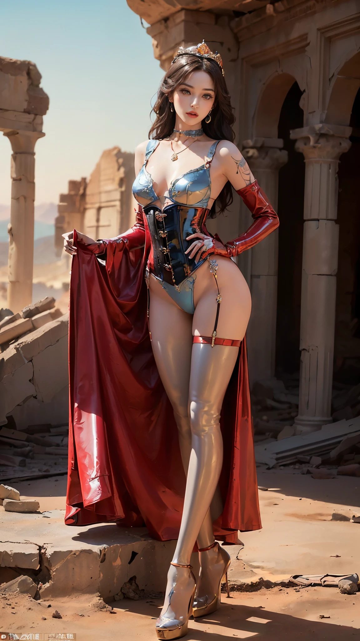 1sologirl Karin Kanzuki blonde twin drills blue hair lasso looking to viewer far shot view from below, standing on 1leg wearing red bikini outfit, long red cape, leather choker with golden bell, full body toe to head, barefeet, tiara, muscle tone body abs, navel, ARMS UP showing shaved armpits, short hair (hands behind head) grey eyes, gem, circlet, jewelry, tiara (plain background)