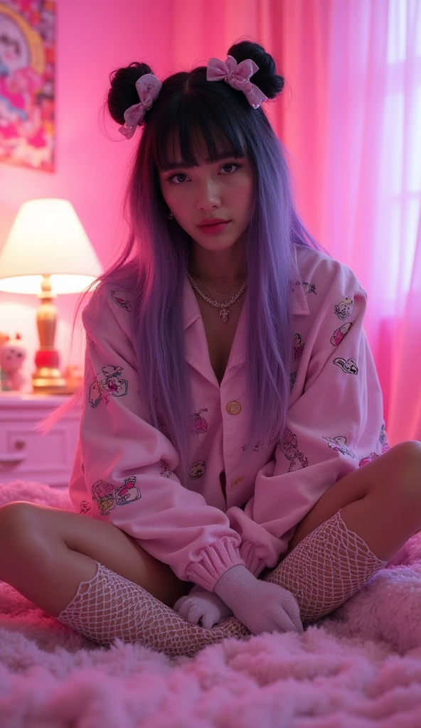 Top Quality, Masterpiece, High Resolution, 8k, (photorealistic:1.4), full body,  (oversized silky pajama.:1.1), spaceship, bed with puffer bedlinen, dim light, beautiful woman, skinny, small breasts, pixie asymmetrical hair, detailed face, shy expression, facing the camera, photo taken from a distance, age of 20 years old, pastel colors