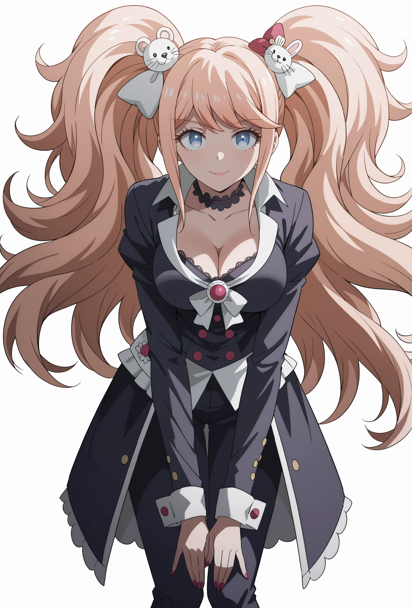 score_9, score_8_up, score_7_up, source_anime, 4K,perfect fingers,(perfect hands, perfect anatomy),prefect lighting, very aesthetic, intricate details,highly detailed background, masterpiece, high quality, best quality,
1girl, junko enoshima, long hair, bangs, blue eyes, pink hair, hair ornament, twintails, bear hair ornament, Large Breast,
wearing ((magical girl costume, )),
Standing, A sagging breast, ((White plain background:1.5)) , looking at the spectator, ((leaning forward:1.3)),