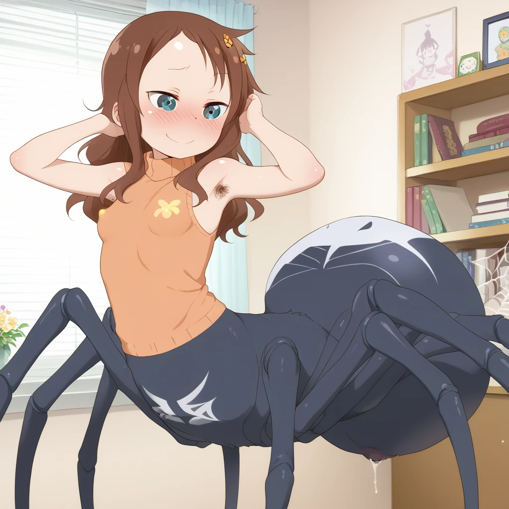 1girl,Spider weaving a net on the girl,réalism:1.2,ultra-detailed,bedroom setting,stretched pose,struggling in the net,brown haired,very long sheer skirt,oaken floor,soft sunlight,delicate spider silk,lace curtains,bedside table,decorative pillows