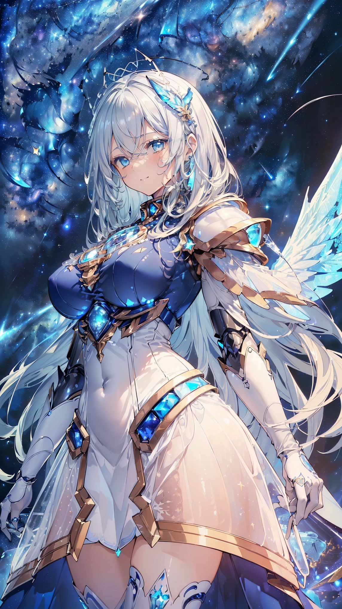 (((masterpiece))), (((highest quality))), ((ultra-detailed)), ((super fine illustration)), ((ultra-fine painting)), (Highly detailed and delicate illustration style:1.8), detailed skin texture, detailed metal texture, extreme detailed description, (T-masterpiece), (highly detailed face:1.2), (highly detailed silver hair:1.2), (highly detailed blue eyes:1.2), (highly detailed white wings:1.2), original, raw photo, professional, Intricate details, super details, intricate ornament details, (perfect anatomy:1.2), (perfect hands:1.2), (perfect fingers:1.2), (american shot:1.6), (sexy), (sexy), real, (Solo:1.5), (A beautiful and cool female marshal with beautiful silver hair and blue eyes dressed as a mechanical angel) BRAKE (Beautifully shaped small breasts), (Beautifully shaped small buttocks), (Beautiful and shiny highly detailed and delicate silver hair:1.4), (Beautiful clear and highly detailed blue eyes:1.6), (beautiful hands and fingertips:1.2) BRAKE ((sophisticated mechanism:1.4))Smooth and menacing design, (Highly detailed and delicate large white symmetrical mechanical wings:1.3), (Highly detailed, sophisticated and highly longsword exclusively for female marshals in sapphire blue:1.3), (Highly detailed and delicate highly versatile standard mechanical armor that shines in sapphire blue and white exclusively for the female Marshal:1.3), (Symmetrical Wings:1.6) BRAKE concept-art, (battle pose), (Detailed Science Fantasy Art:1.2), (Highly detailed attack pose) BRAKE (Highly detailed and delicate starry sky:1.1), (other world), no robot, (Geometric patterns, vivid color background:1.5), (colorful confetti:1.15)), (8K highest quality wallpaper:1.4), (Highly detailed and delicate background:1.2) BRAKE (NSFW) BRAKE